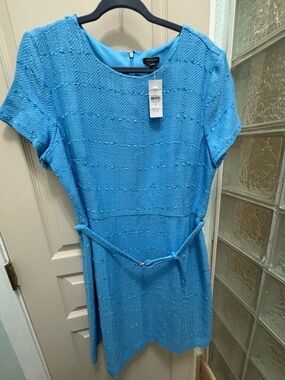 Ann Taylor Blue Textured Belted A-Line Dress NWT Size 14